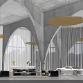 Modern Interior With Arched Ceiling Circular Pendant Lights Windows Lake View And White Sports Car
