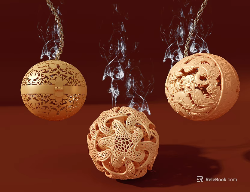 Intricate Carved Spherical Pendants Hanging On Chains With Decorative Smoke Effects 3d model 