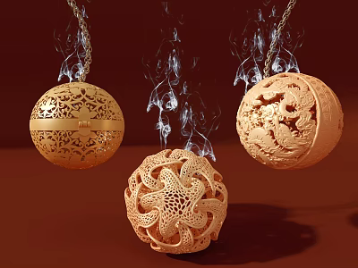 Intricate Carved Spherical Pendants Hanging On Chains With Decorative Smoke Effects 3d model