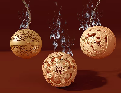 Intricate Carved Spherical Pendants Hanging On Chains With Decorative Smoke Effects 3d model
