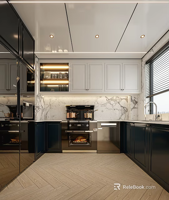 Modern Kitchen Interior With Gray Upper Cabinets Black Lower Cabinets And Marble Countertops 3d model 