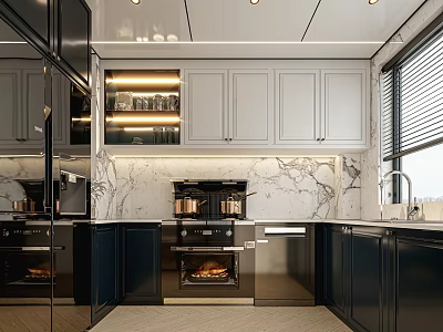 Modern Kitchen Interior With Gray Upper Cabinets Black Lower Cabinets And Marble Countertops 3d model