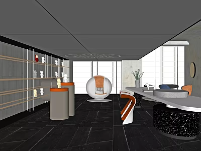 Modern Sales Office Interior With Reception Desk Display Shelves Large Windows And Seating 3d model