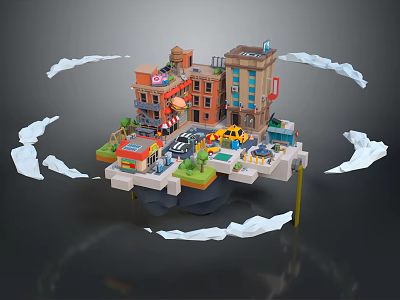 Cartoon Style Floating City Scene With Buildings Taxi Shops And Clouds 3d model