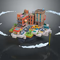 Cartoon Style Floating City Scene With Buildings Taxi Shops And Clouds