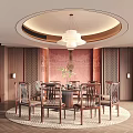 Chinese Style Private Dining Room With Round Table Wooden Chairs Red Backdrop And Pendant Light