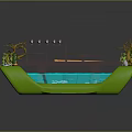 Miniature Landscape Scene Featuring Wooden Bridge Over Blue Water Green Grass And Trees
