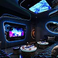 Modern Stylish KTV Interior With Neon Lights Leather Sofa Round Tables And LED Screens