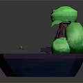 3D Miniature Scene With Green Trees Purple Boat Shaped Platform And Small Bridge