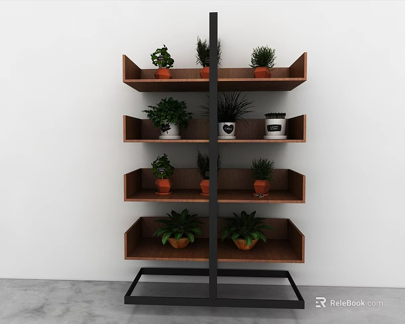 Multi Tiered Modern Minimalist Wooden Shelving Unit With Potted Plants And Black Metal Frame 3d model 