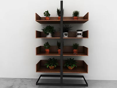 Multi Tiered Modern Minimalist Wooden Shelving Unit With Potted Plants And Black Metal Frame 3d model