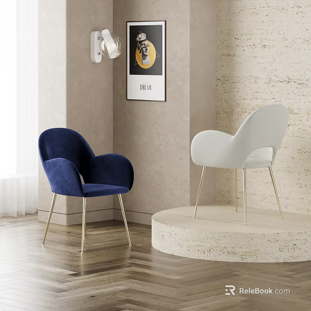 Blue Velvet And White Dining Chairs With Golden Legs In Modern Interior 3d model 