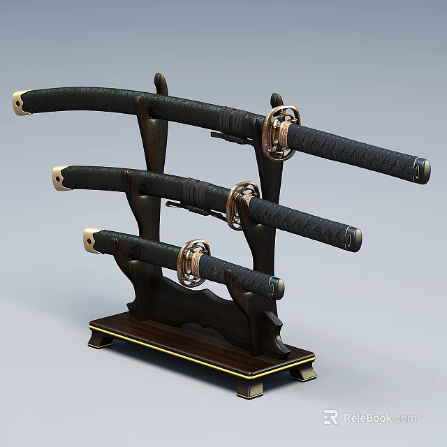 Three Traditional Japanese Swords On Wooden Display Stand With Green Sheaths And Black Handles 3d model 