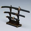 Three Traditional Japanese Swords On Wooden Display Stand With Green Sheaths And Black Handles