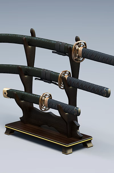 Three Traditional Japanese Swords On Wooden Display Stand With Green Sheaths And Black Handles 3d model