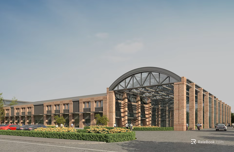 Industrial Factory Building with Red Brick Structure Arched Glass Roof and Landscaped Front Area 3d model 