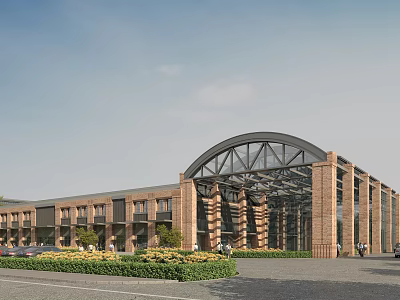 Industrial Factory Building with Red Brick Structure Arched Glass Roof and Landscaped Front Area 3d model