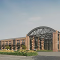 Industrial Factory Building with Red Brick Structure Arched Glass Roof and Landscaped Front Area