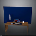 Home Office Wooden Desk With Blue Stationery And Accessories On Blue Backdrop
