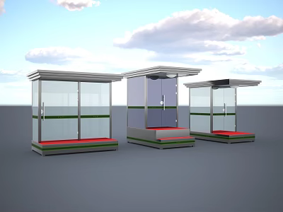 Three Modern Security Booths With Glass Structure Red Base And Outdoor Design 3d model