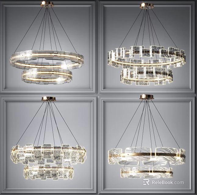 Four Modern Circular Crystal Chandeliers with Stylish Design Hanging on Gray Wall 3d model 
