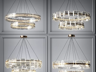 Four Modern Circular Crystal Chandeliers with Stylish Design Hanging on Gray Wall 3d model