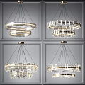 Four Modern Circular Crystal Chandeliers with Stylish Design Hanging on Gray Wall