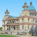 Ancient Architecture Featuring Blue Dome Yellow Main Body Two Side Towers And Green Surroundings