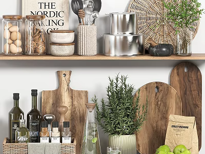 Nordic Style Kitchenware Display With Wooden Chopping Boards Metal Pots Glass Jars And Fresh Herbs 3d model
