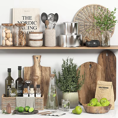 Nordic Style Kitchenware Display With Wooden Chopping Boards Metal Pots Glass Jars And Fresh Herbs 3d model