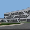 Modern Office Building Exterior With Geometric Facade Large Windows Entrance And Lawn Area
