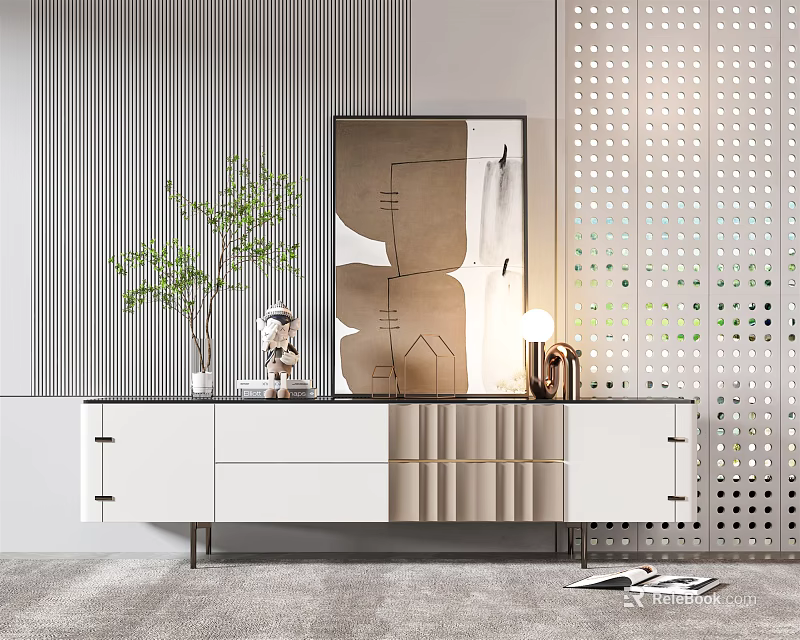 Modern White TV Stand With Drawers Green Plant Mirror And Lighting 3d model 