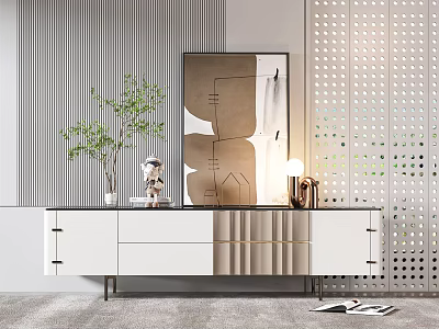 Modern White TV Stand With Drawers Green Plant Mirror And Lighting 3d model