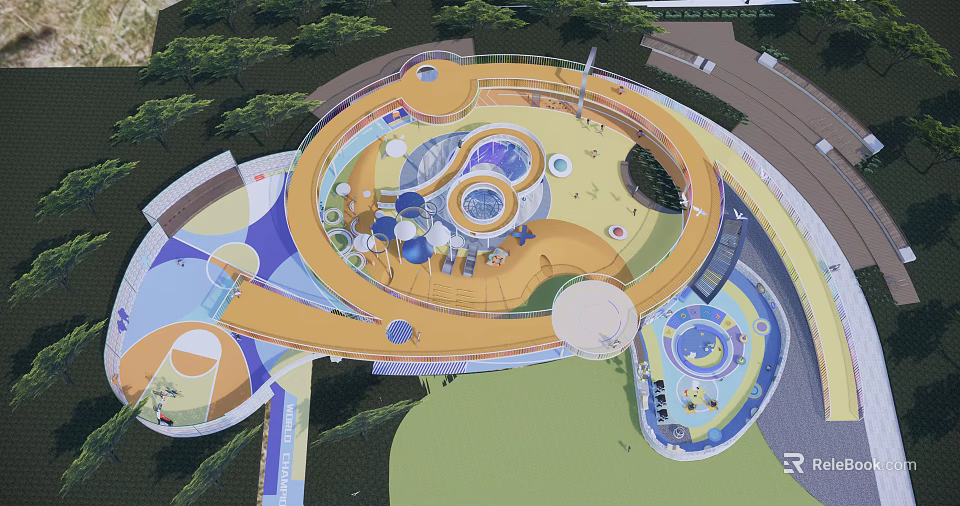 Outdoor Children's Play Area With Curved Slides Climbing Structures And Colorful Circular Design 3d model 