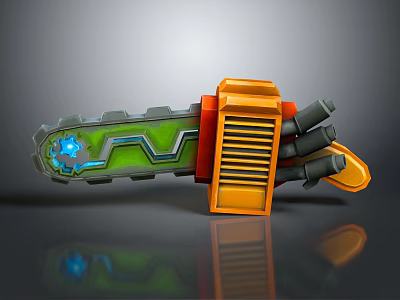 Futuristic Industrial Tool With Orange Green Design Serrated Blade And Blue Glowing Elements 3d model