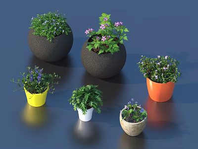Colorful Potted Bonsai Plants With Green Foliage And Small Purple Pink Flowers 3d model