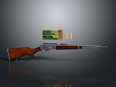 Vintage Rifle With Wooden Stock Metal Barrel Ammunition Box And Yellow Bullets 3d model