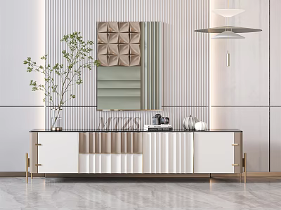 Modern TV Stand Interior With White Brown Panels Wall Mirror And Vase Plant 3d model