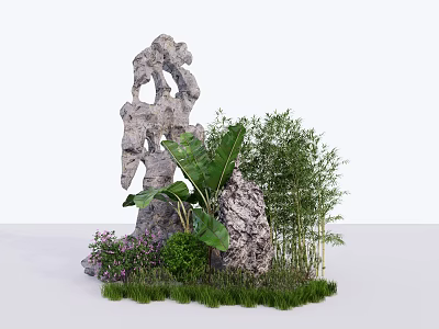 Garden Ornament with Rockery Bamboo Banana Leaves and Small Flowers in Lush Green Grass Setting 3d model