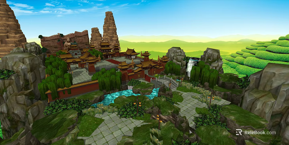 Ancient Chinese Architectural Complex with Overhanging Eaves Stone Paths Green Plants and Mountain Water Scenery 3d model 