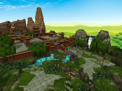 Ancient Chinese Architectural Complex with Overhanging Eaves Stone Paths Green Plants and Mountain Water Scenery 3d model