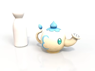 Cute Ceramic Teapot With Blue Top And Cartoon Eye Design Plus White Bottle 3d model