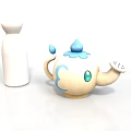 Cute Ceramic Teapot With Blue Top And Cartoon Eye Design Plus White Bottle