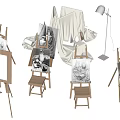 Stylish Musical Instruments And Art Supplies Setup With Easels Drawing Boards Chairs And Floor Lamp