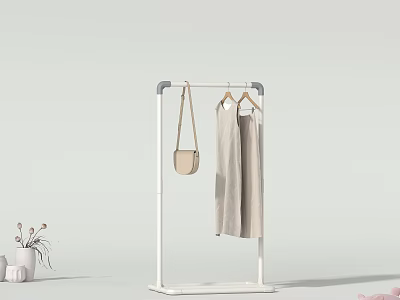 White Floor Standing Hanger In Home Interior With Beige Pants Beige Bag And Decorations 3d model