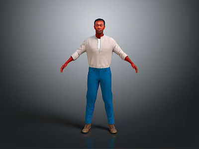 Full Body Man In White Shirt Blue Pants With Red Arms Standing On Gray Background 3d model