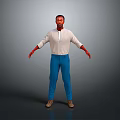 Full Body Man In White Shirt Blue Pants With Red Arms Standing On Gray Background
