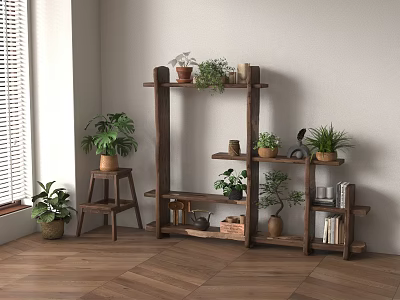 Wooden Indoor Plant Shelf With Potted Plants Decorative Items And Books 3d model