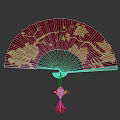 Traditional Red Hand Fan Featuring Golden Floral Patterns And Tassel Ornament