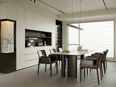 Modern Restaurant Interior With Open Concept Dining Table Leather Chairs And Pendant Lights 3d model